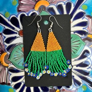 Upside-Down Flower Pot Fringe Earrings (Dangle, Miyuki, Multi, Blue, Green)